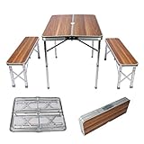 Wiltec Koffertisch mit 2 Bänken Holzdesign Aluminium 90x66x70 cm Campingtisch klappbar Sitzgruppe Campingmöbel...