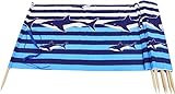 Windschutz Strand, Länge 8 Meter, in weißen, marineblauen und blauen Streifen mit Haifischen, mit Schultergurt