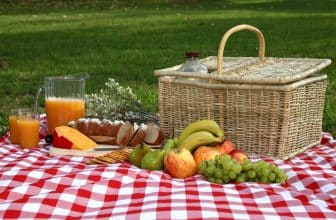 Früchte und Picknickkorb auf rot-weiß karierter Picknickdecke